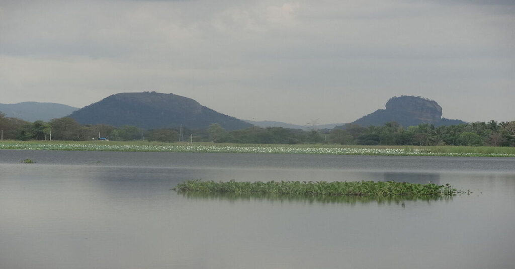 Uno de los lagos de Hiriwadunna con Sigiriya al fondo