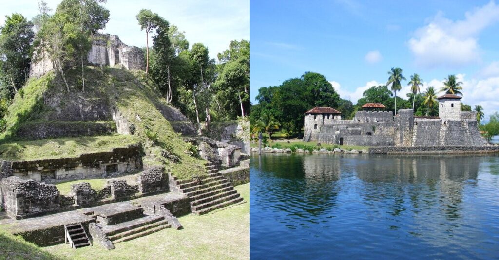 Ruinas de Yaxhá (izq.) y Castillo de San Felipe (der.), ruinas de antes y después en Guatemala