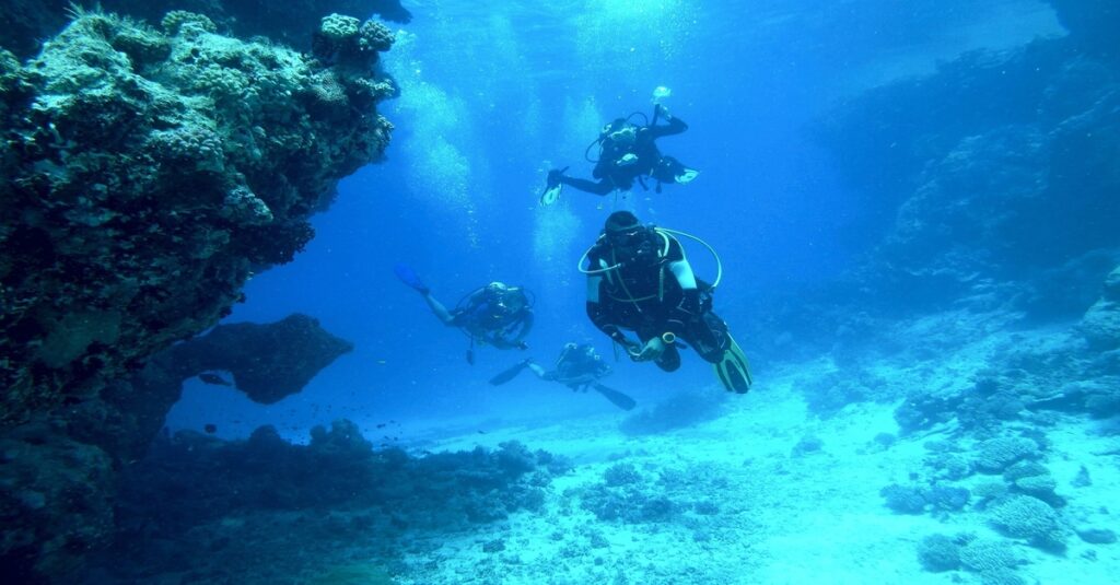 Viajeros practicando submarinismo en las formidables aguas de Maldivas