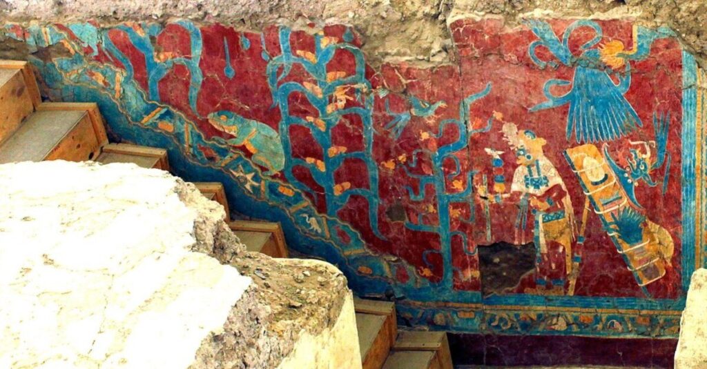 Mural del Templo Rojo en la zona arqueológica de Cacaxtla