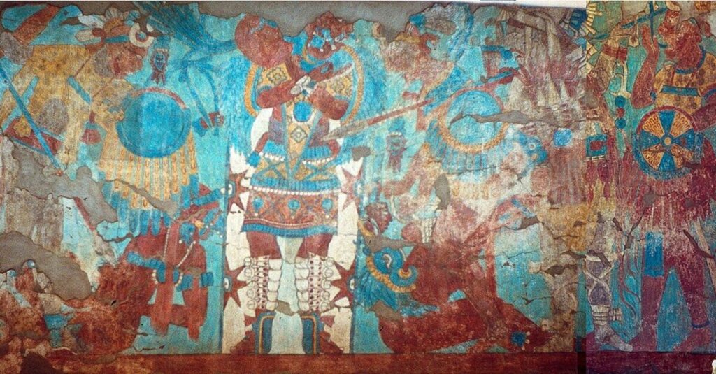 Mural de Cacaxtla con guerreros, danzantes y símbolos
